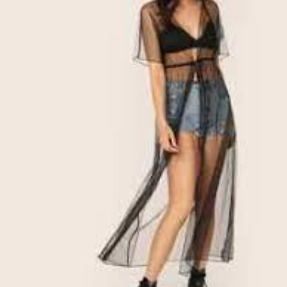 Tie Waist Sheer Mesh Kimono - Picture 3 of 5